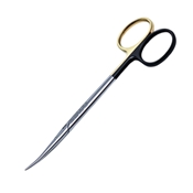 Strabismus Scissor TC/SC Curved 4 1/2" (11.5cm)  Overall Length.  One Black And One Gold Ring To Indicate Precision Razor Sharp Blade Bottom Blade Serrated With Tungsten Carbide Inserts 